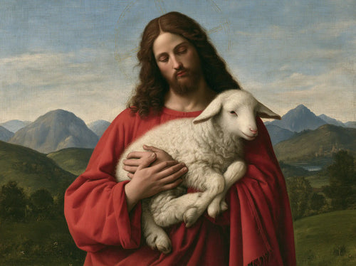 Jesus with a lamb in Florentine Renaissance style in Florentine Renaissance style, landscape Christian artwork no. 2