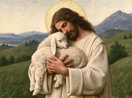 Jesus with a lamb in Florentine Renaissance style in Florentine Renaissance style, landscape Christian artwork no. 3