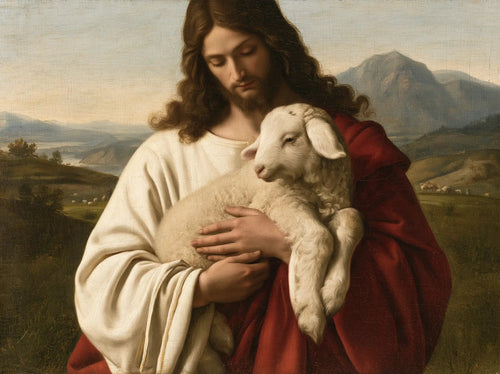 Jesus with a lamb in Florentine Renaissance style in Florentine Renaissance style, landscape Christian artwork no. 4