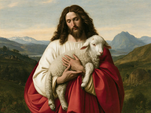 Jesus with a lamb in Florentine Renaissance style in Florentine Renaissance style, landscape Christian artwork no. 5