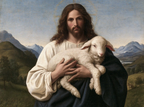 Jesus with a lamb in Florentine Renaissance style in Florentine Renaissance style, landscape Christian artwork no. 7