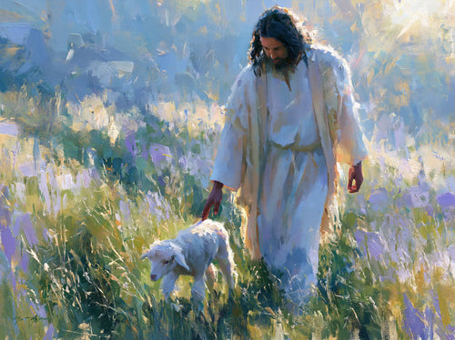 Jesus with a lamb in an impressionist pastoral scene in Impressionist style, landscape Christian artwork no. 1