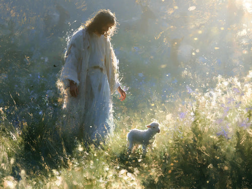 Jesus with a lamb in an impressionist pastoral scene in Impressionist style, landscape Christian artwork no. 2