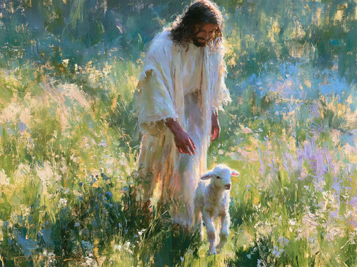 Jesus with a lamb in an impressionist pastoral scene in Impressionist style, landscape Christian artwork no. 3