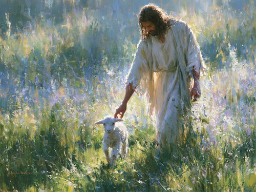 Jesus with a lamb in an impressionist pastoral scene in Impressionist style, landscape Christian artwork no. 4