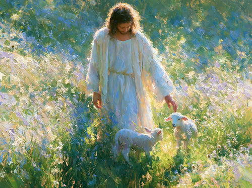 Jesus with a lamb in an impressionist pastoral scene in Impressionist style, landscape Christian artwork no. 7