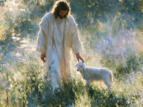 Jesus with a lamb in an impressionist pastoral scene in Impressionist style, landscape Christian artwork no. 8