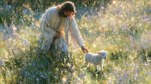 Jesus with a lamb in an impressionist pastoral scene in Impressionist style, landscape Christian artwork no. 9