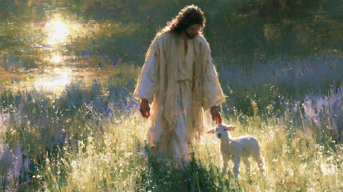 Jesus with a lamb in an impressionist pastoral scene in Impressionist style, landscape Christian artwork no. 10