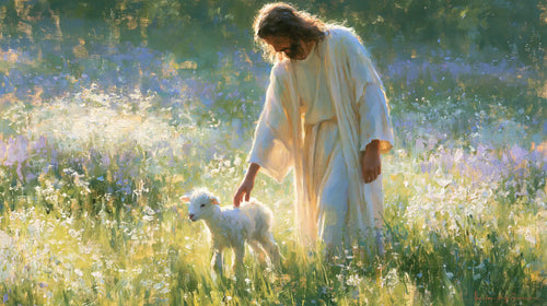 Jesus with a lamb in an impressionist pastoral scene in Impressionist style, landscape Christian artwork no. 12