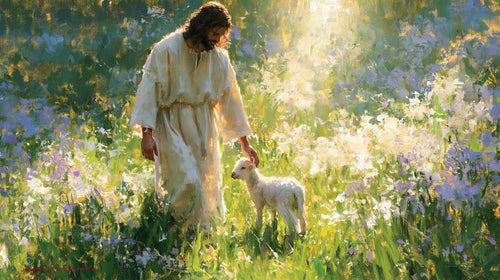 Jesus with a lamb in an impressionist pastoral scene in Impressionist style, landscape Christian artwork no. 13