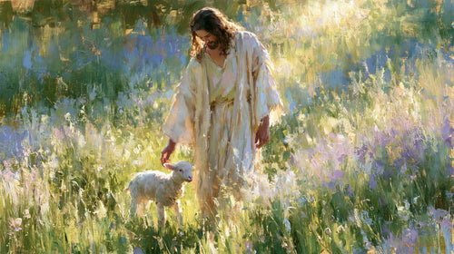 Jesus with a lamb in an impressionist pastoral scene in Impressionist style, landscape Christian artwork no. 15