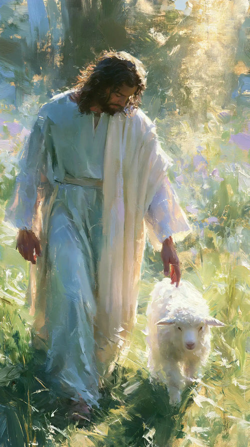 Jesus with a lamb in an impressionist pastoral scene in Impressionist style, portrait Christian artwork no. 1
