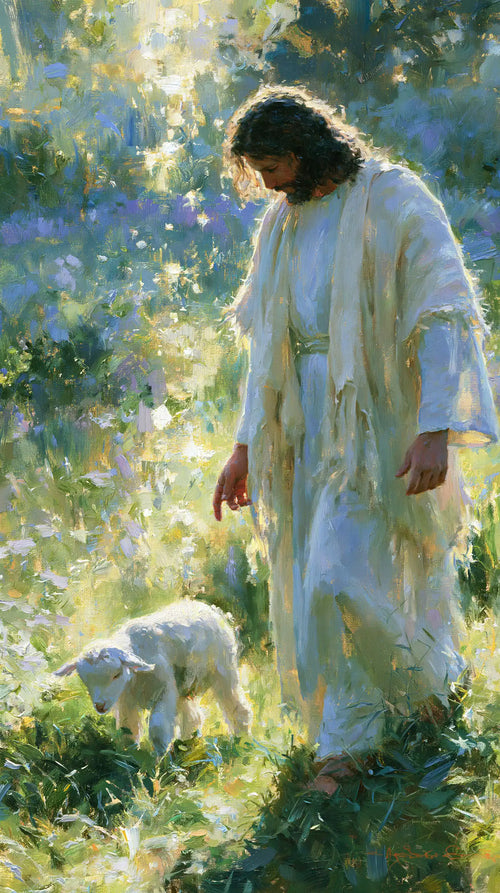 Jesus with a lamb in an impressionist pastoral scene in Impressionist style, portrait Christian artwork no. 2