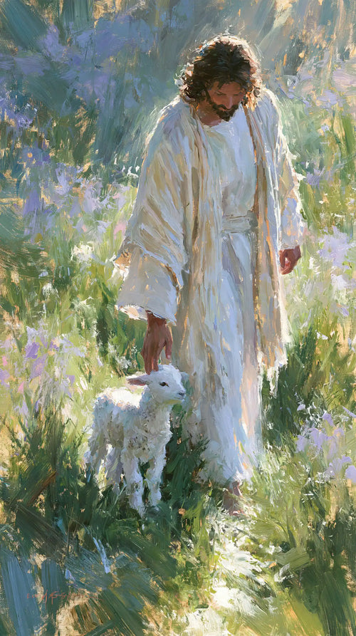 Jesus with a lamb in an impressionist pastoral scene in Impressionist style, portrait Christian artwork no. 4