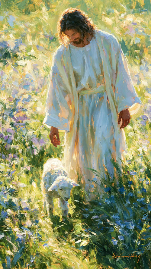 Jesus with a lamb in an impressionist pastoral scene in Impressionist style, portrait Christian artwork no. 5