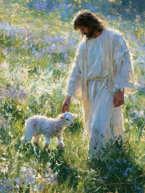 Jesus with a lamb in an impressionist pastoral scene in Impressionist style, portrait Christian artwork no. 9
