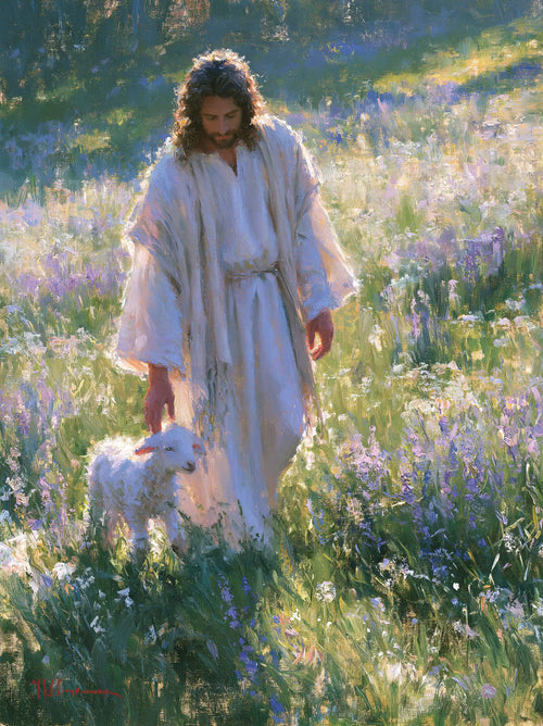 Jesus with a lamb in an impressionist pastoral scene in Impressionist style, portrait Christian artwork no. 11