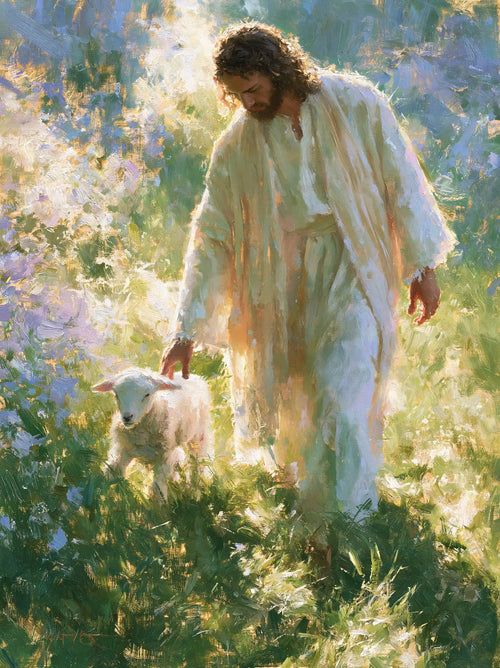 Jesus with a lamb in an impressionist pastoral scene in Impressionist style, portrait Christian artwork no. 12