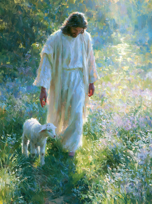 Jesus with a lamb in an impressionist pastoral scene in Impressionist style, portrait Christian artwork no. 15