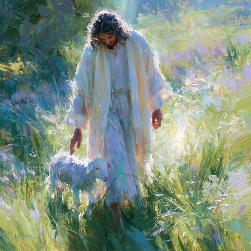 Jesus with a lamb in an impressionist pastoral scene in Impressionist style, square Christian artwork no. 6