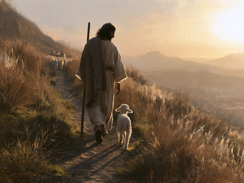 Jesus guiding a lamb along the path in Jesus Guiding the Lamb style, landscape Christian artwork no. 4
