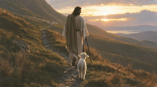 Jesus guiding a lamb along the path in Jesus Guiding the Lamb style, landscape Christian artwork no. 8