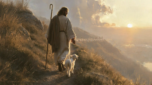 Jesus guiding a lamb along the path in Jesus Guiding the Lamb style, landscape Christian artwork no. 9