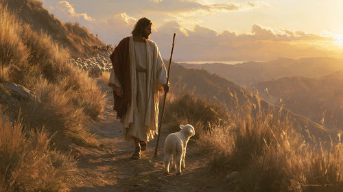 Jesus guiding a lamb along the path in Jesus Guiding the Lamb style, landscape Christian artwork no. 11