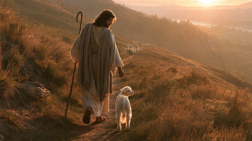 Jesus guiding a lamb along the path in Jesus Guiding the Lamb style, landscape Christian artwork no. 13