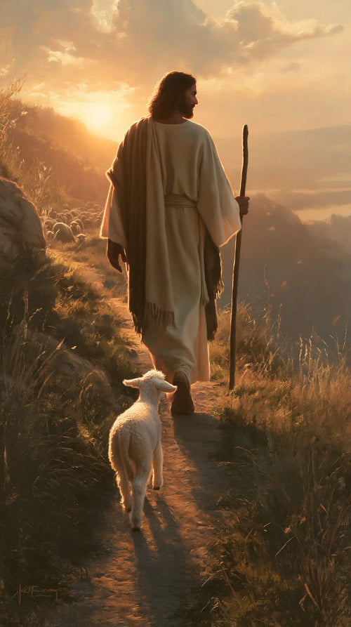 Jesus guiding a lamb along the path in Jesus Guiding the Lamb style, portrait Christian artwork no. 2