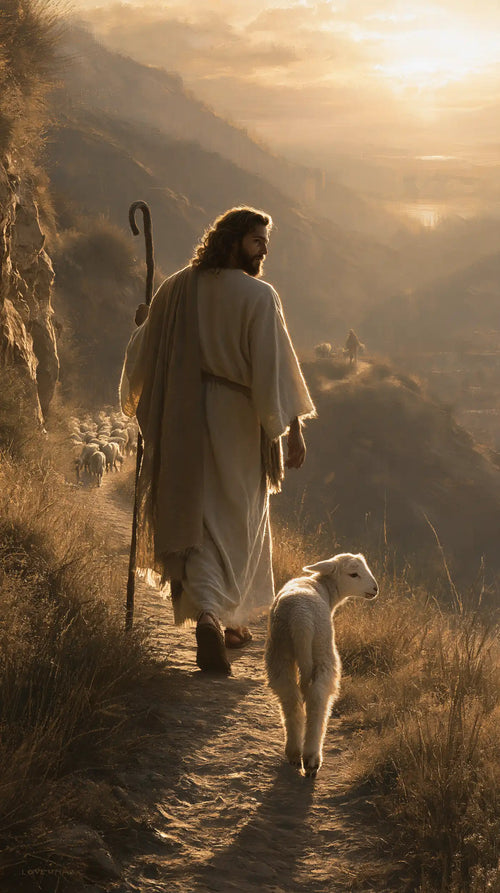 Jesus guiding a lamb along the path in Jesus Guiding the Lamb style, portrait Christian artwork no. 3