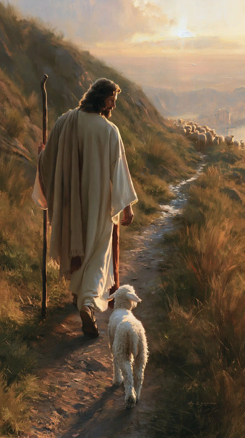 Jesus guiding a lamb along the path in Jesus Guiding the Lamb style, portrait Christian artwork no. 6