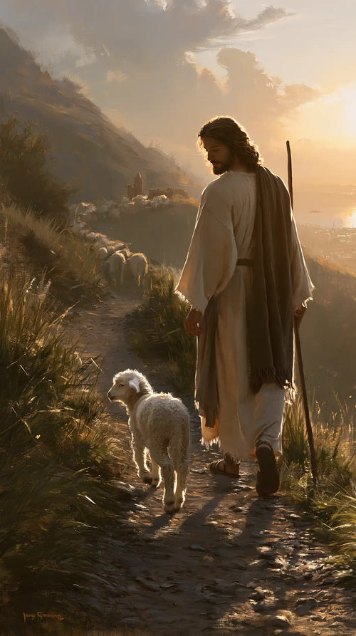 Jesus guiding a lamb along the path in Jesus Guiding the Lamb style, portrait Christian artwork no. 8