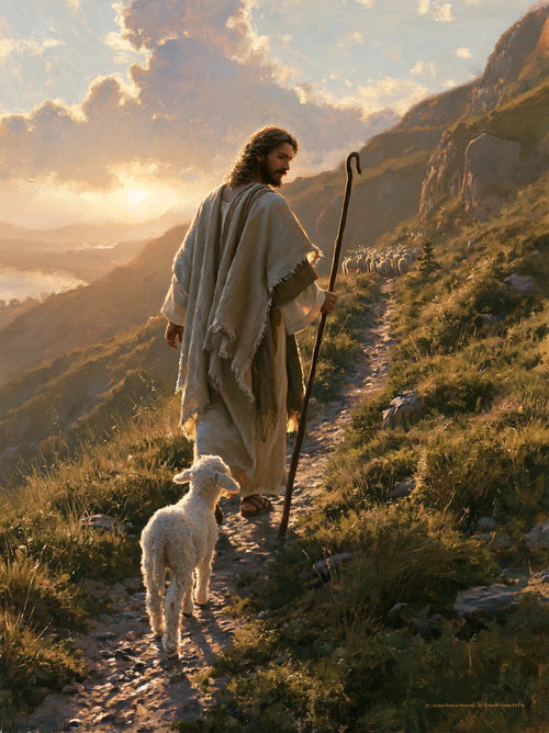Jesus guiding a lamb along the path in Jesus Guiding the Lamb style, portrait Christian artwork no. 9