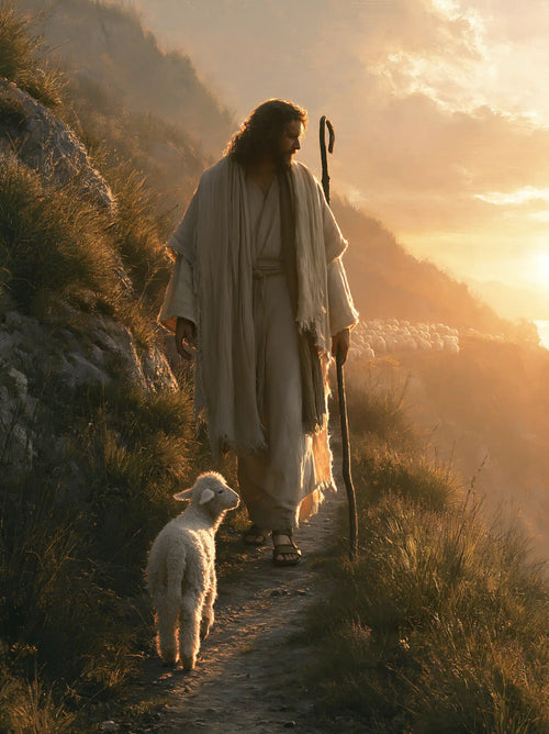 Jesus guiding a lamb along the path in Jesus Guiding the Lamb style, portrait Christian artwork no. 12