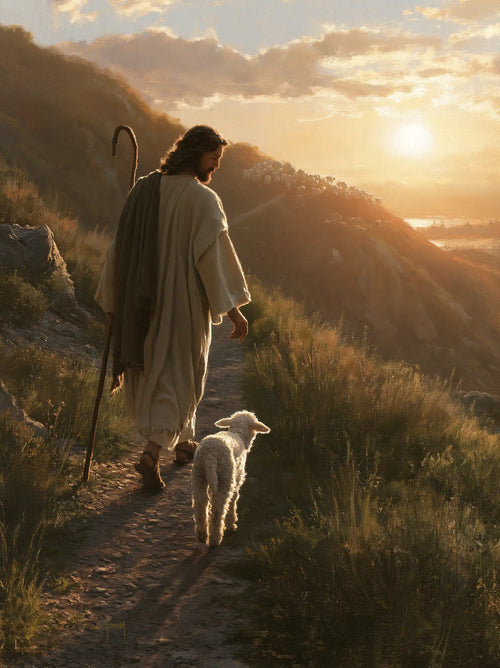 Jesus guiding a lamb along the path in Jesus Guiding the Lamb style, portrait Christian artwork no. 13