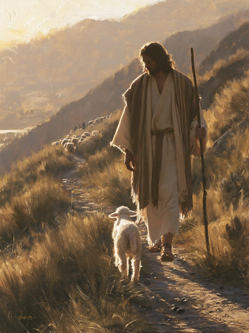 Jesus guiding a lamb along the path in Jesus Guiding the Lamb style, portrait Christian artwork no. 14