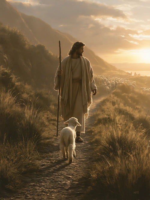 Jesus guiding a lamb along the path in Jesus Guiding the Lamb style, portrait Christian artwork no. 15