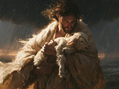 Jesus protecting a lamb in Jesus Protecting the Lamb style, landscape Christian artwork no. 2