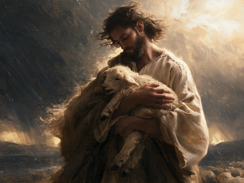 Jesus protecting a lamb in Jesus Protecting the Lamb style, landscape Christian artwork no. 4