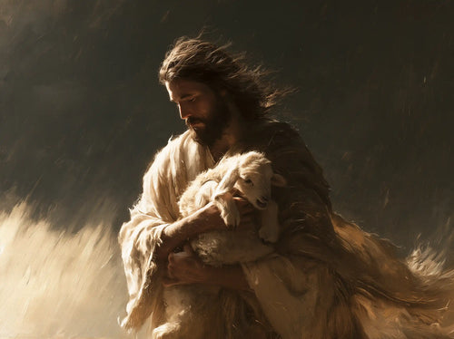 Jesus protecting a lamb in Jesus Protecting the Lamb style, landscape Christian artwork no. 5