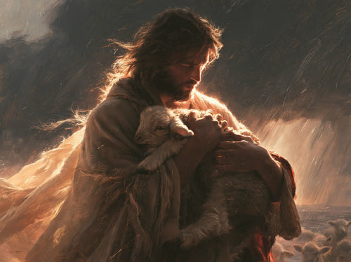 Jesus protecting a lamb in Jesus Protecting the Lamb style, landscape Christian artwork no. 7