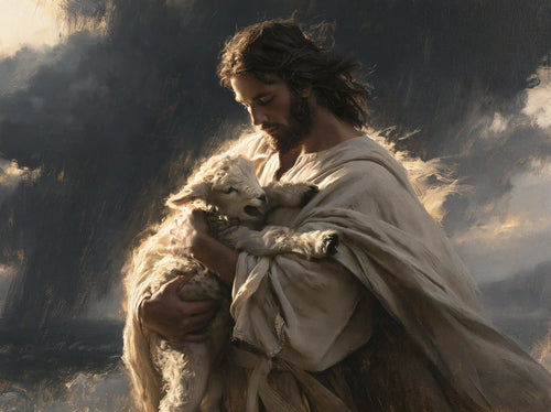 Jesus protecting a lamb in Jesus Protecting the Lamb style, landscape Christian artwork no. 8