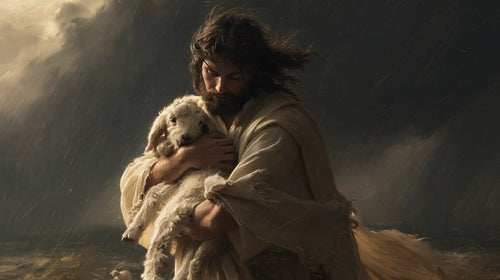 Jesus protecting a lamb in Jesus Protecting the Lamb style, landscape Christian artwork no. 13