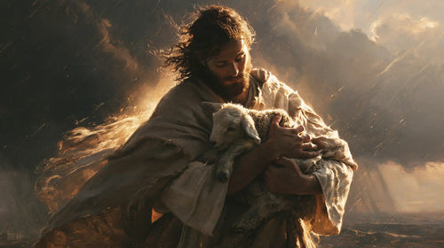 Jesus protecting a lamb in Jesus Protecting the Lamb style, landscape Christian artwork no. 14