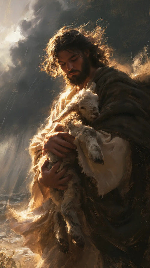 Jesus protecting a lamb in Jesus Protecting the Lamb style, portrait Christian artwork no. 1