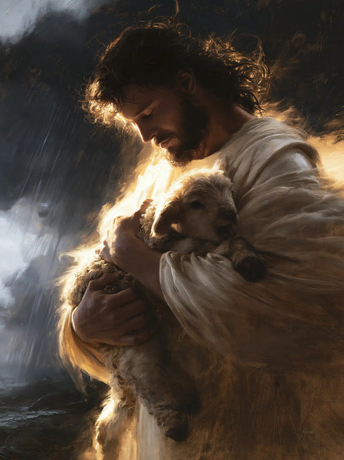Jesus protecting a lamb in Jesus Protecting the Lamb style, portrait Christian artwork no. 9