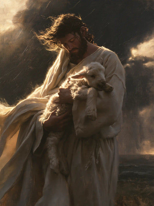 Jesus protecting a lamb in Jesus Protecting the Lamb style, portrait Christian artwork no. 13