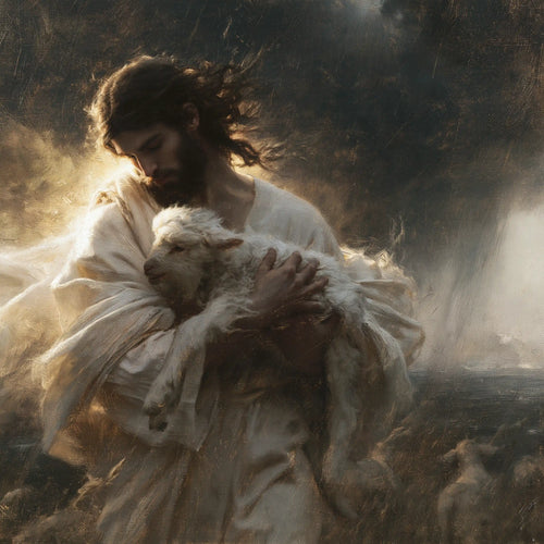 Jesus protecting a lamb in Jesus Protecting the Lamb style, square Christian artwork no. 2